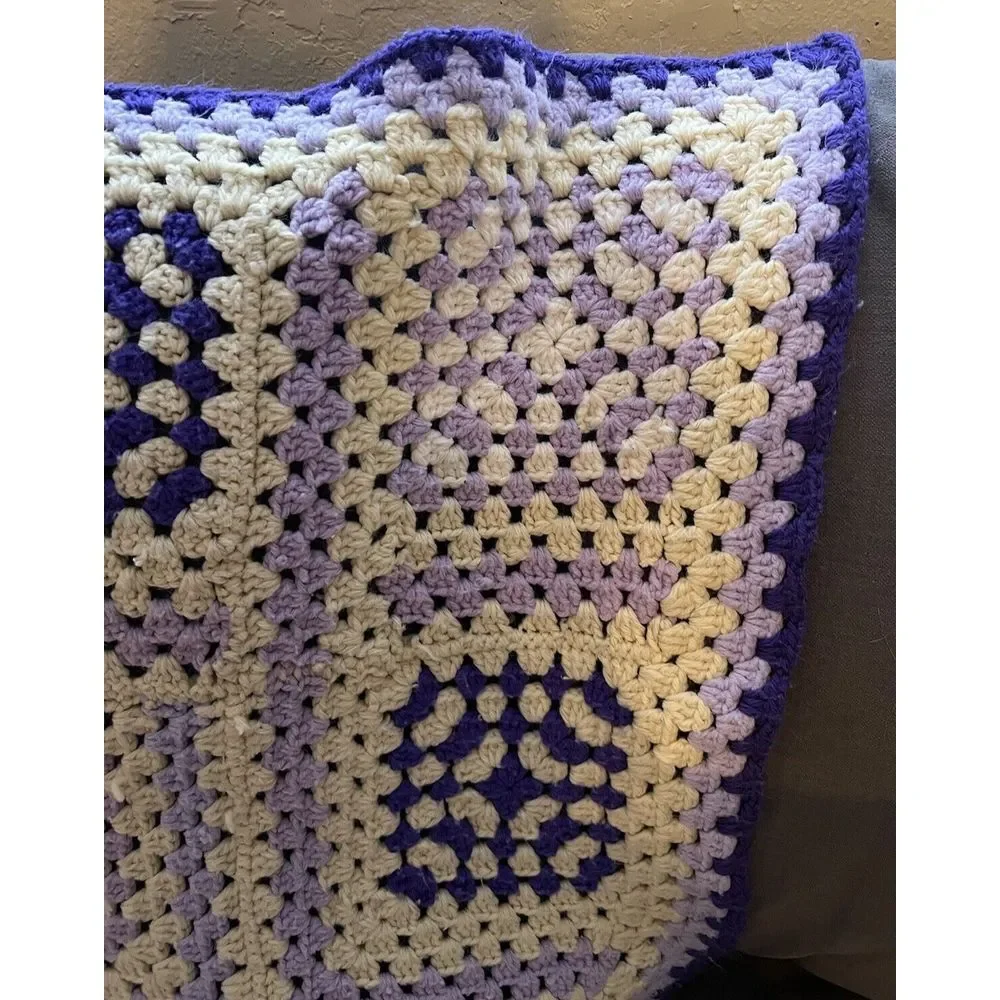 Vtg Purple White Crochet Handmade Afghan Throw Blanket Granny Square Style 48x64